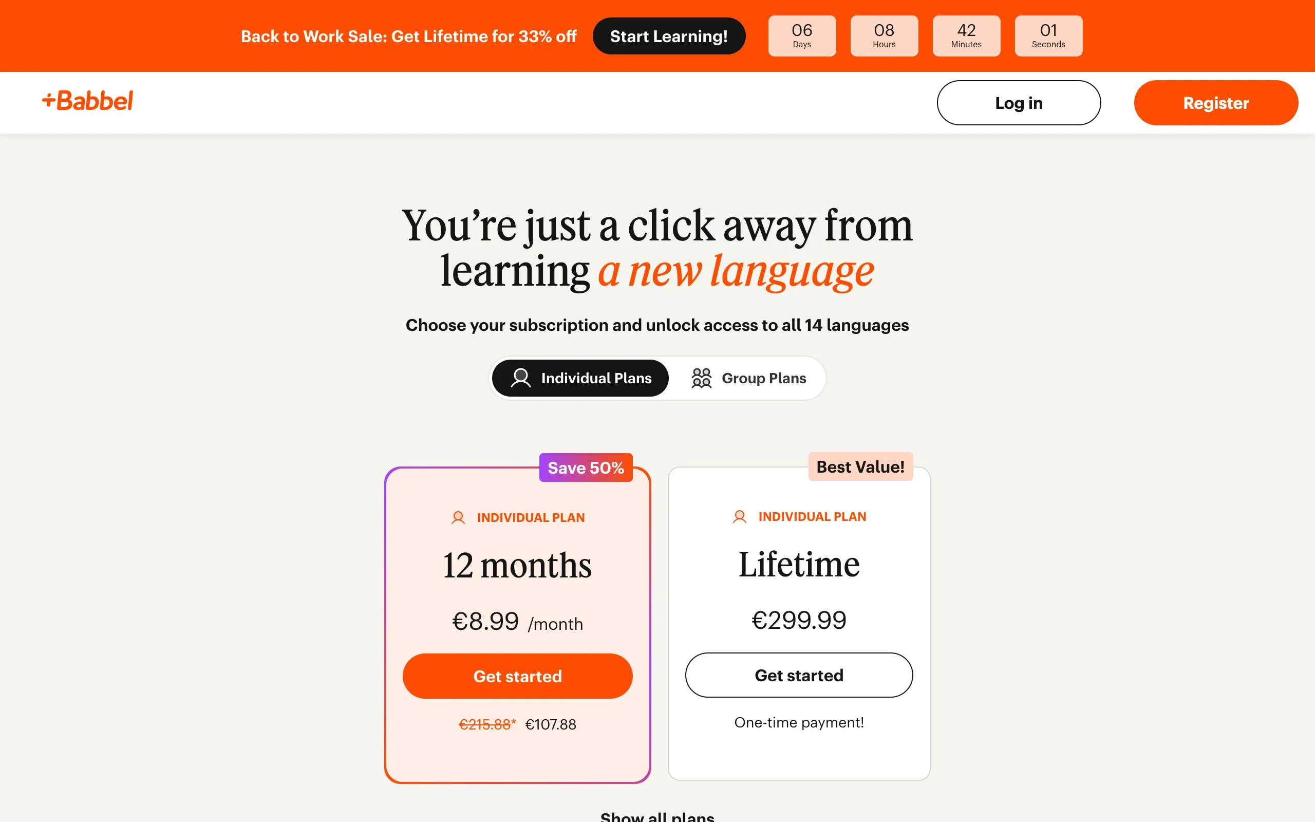 Babbel’s pricing page, showing a countdown sale banner, a twelve-month plan at 8.99 euros a month against a struck-through 215.88 euro reference price, and a lifetime plan at 299.99 euros