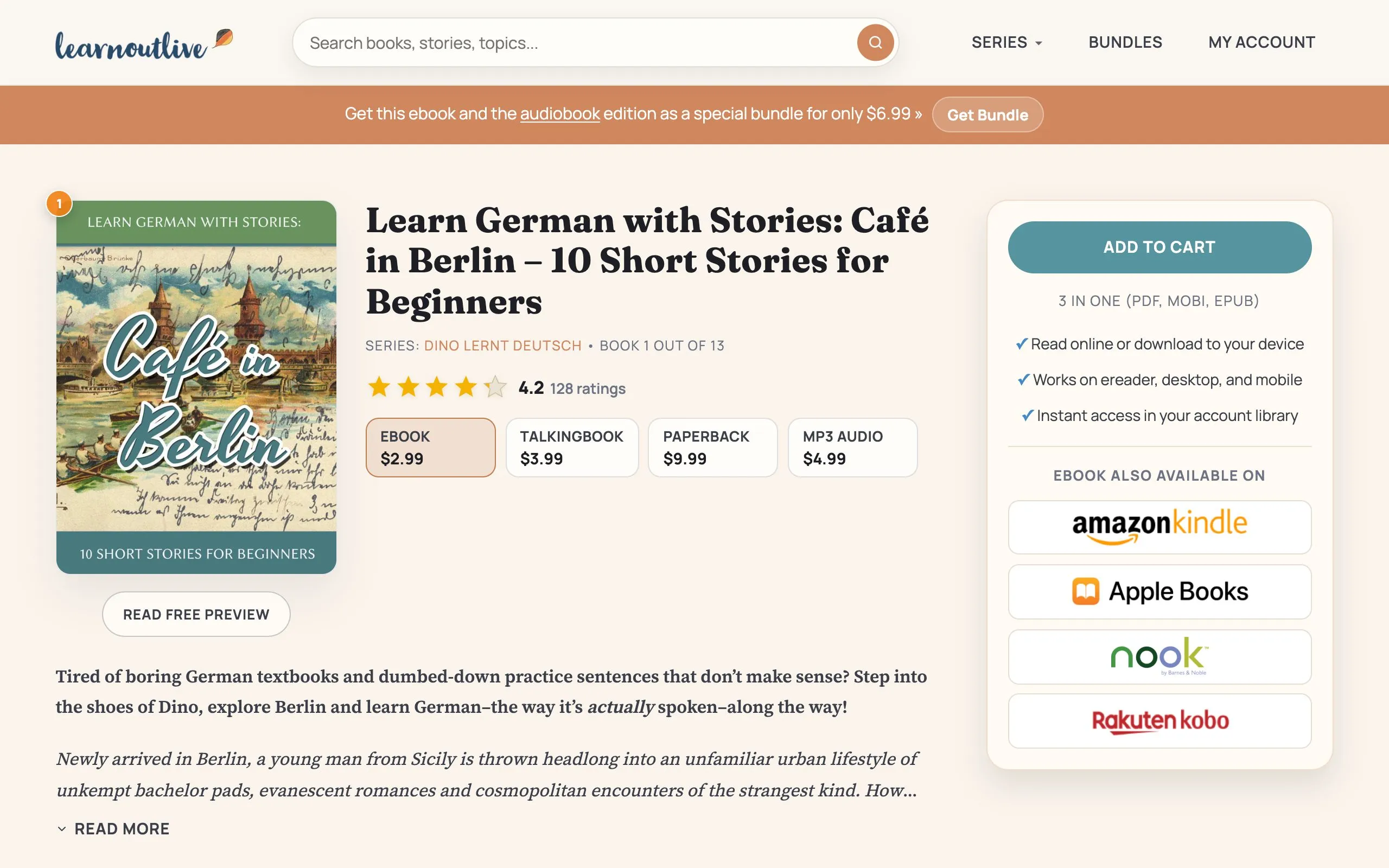The LearnOutLive store page for Café in Berlin, listing ebook, talkingbook, paperback and MP3 audio prices side by side