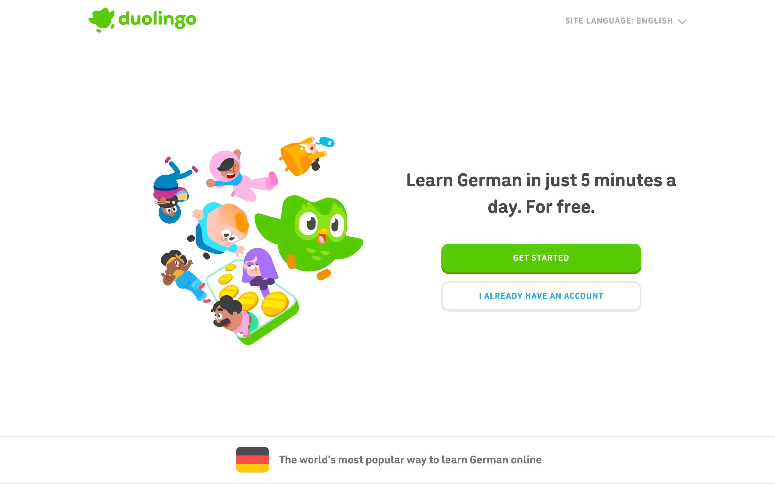 The Duolingo German course page, offering the course free and in five-minute daily lessons