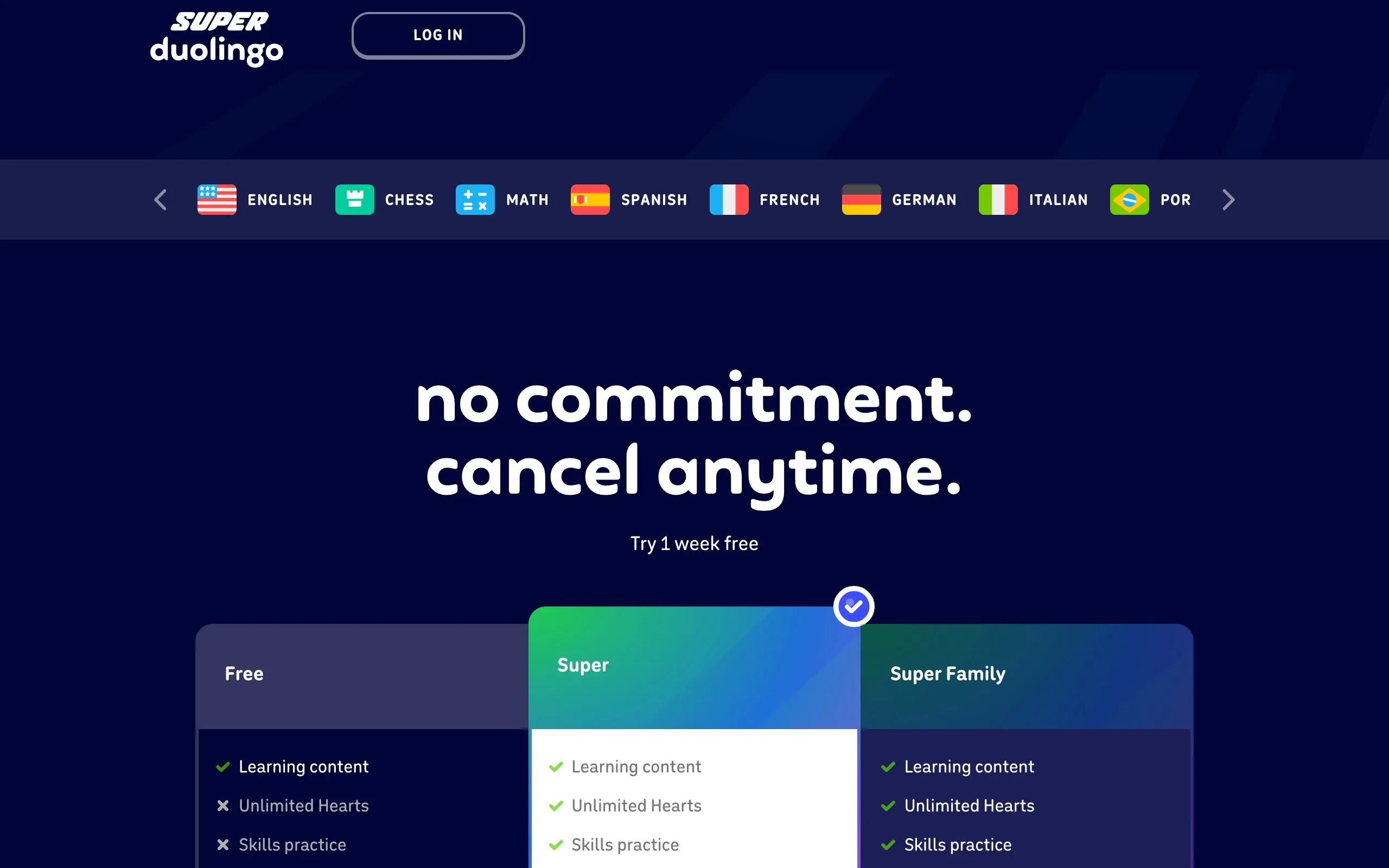 The Duolingo plan comparison page, showing Free, Super and Super Family tiers with feature lists and no prices