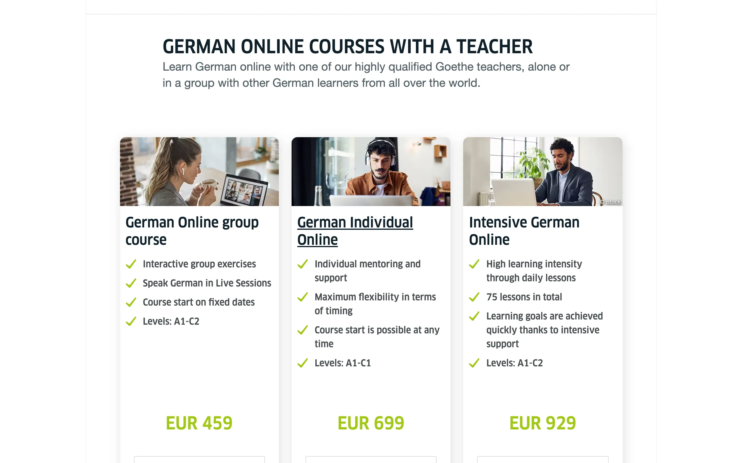 The Goethe-Institut's teacher-led online course range, showing the group course, individual course and intensive course with their prices