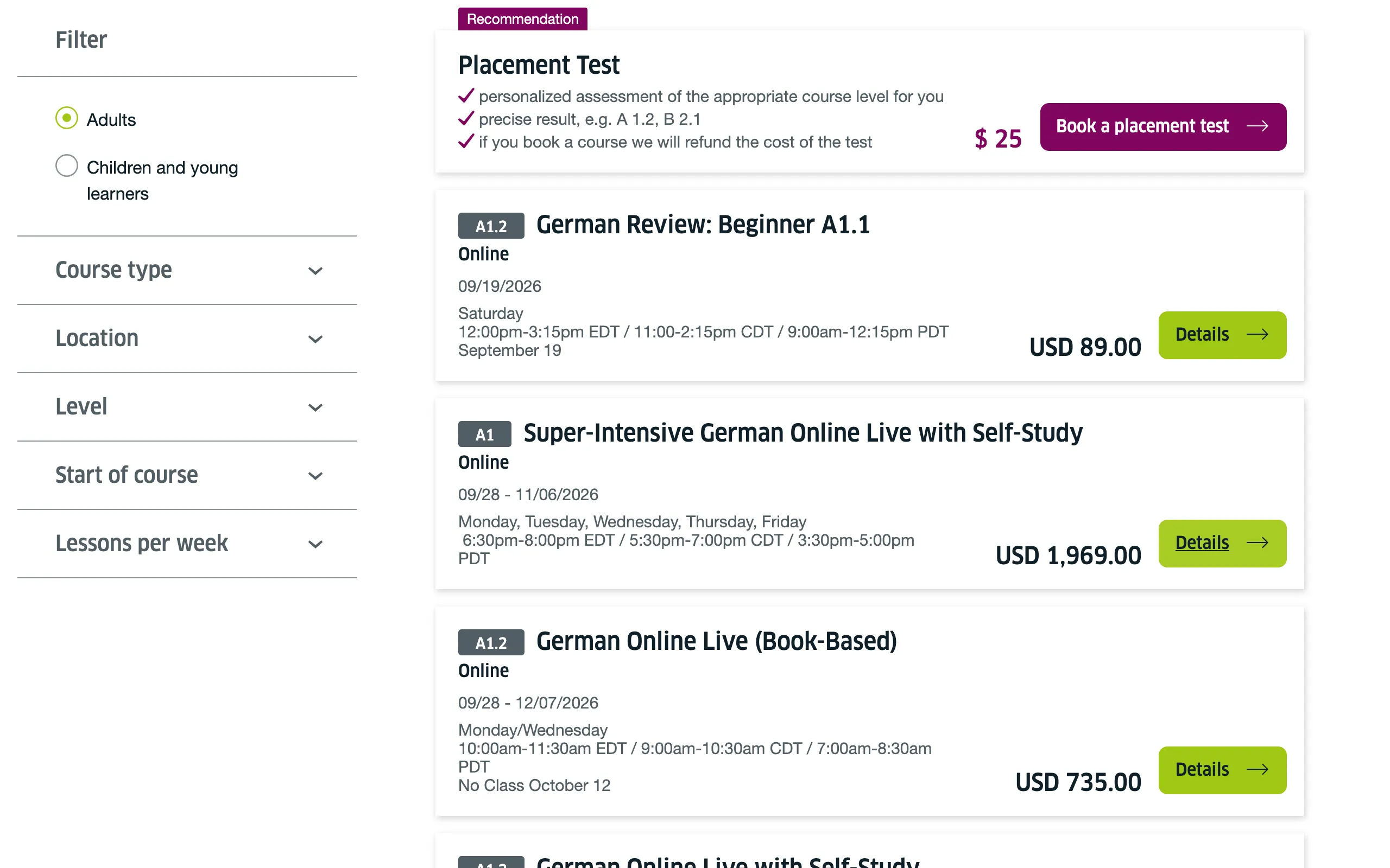 The Goethe-Institut USA course listing, showing an online group course at USD 735 and a super-intensive online course at USD 1,969