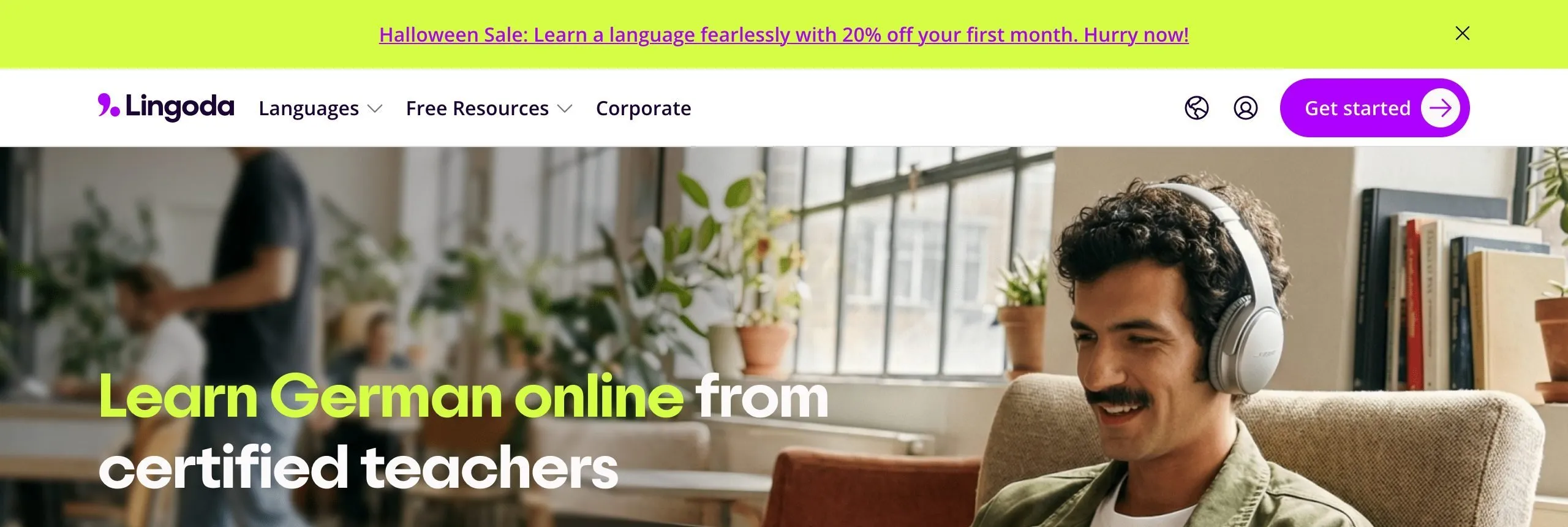 Lingoda's German landing page, headed Learn German online from certified teachers, with a Halloween sale banner across the top