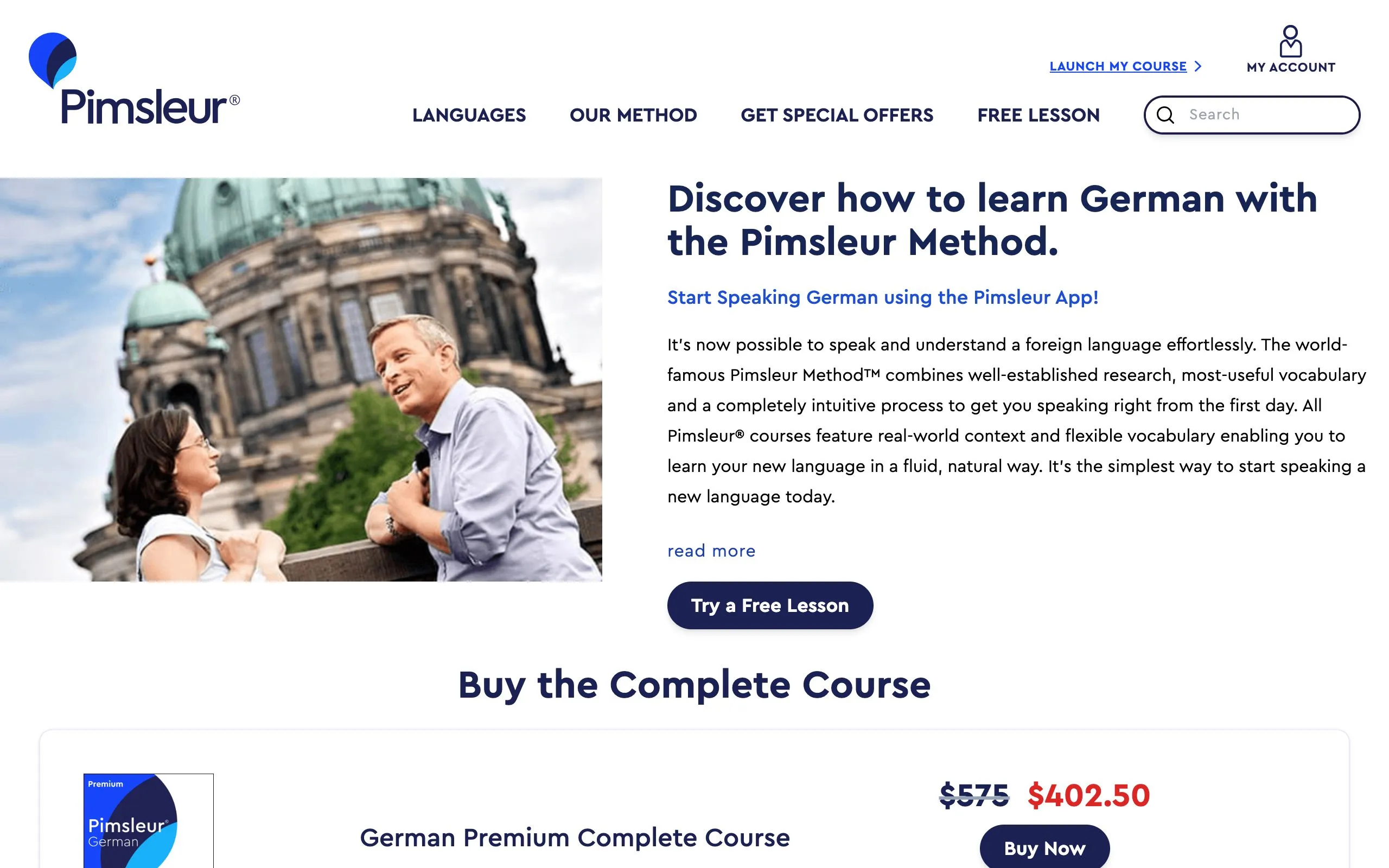 The Pimsleur German course page, showing the audio-first lesson format and the mobile app