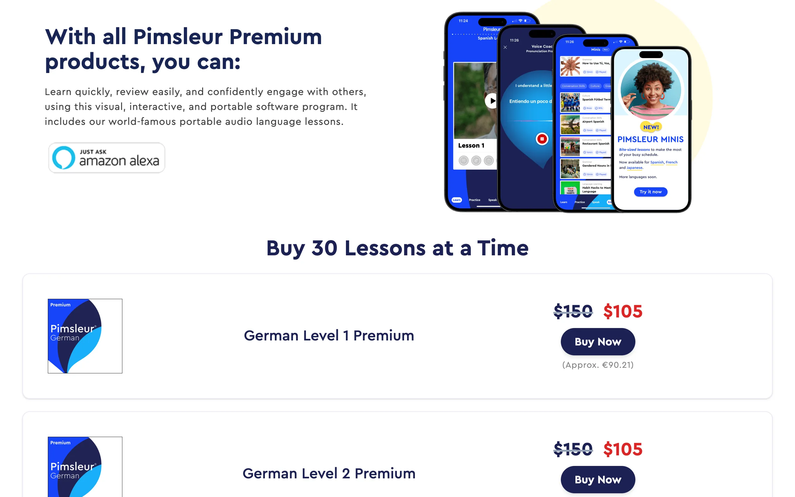 The Pimsleur German purchase options, showing the five levels sold separately at the same price each